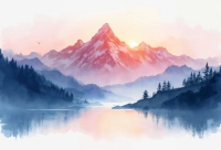 Soft watercolor illustration of a snow-dusted mountain peak glowing pink in morning sunlight over a misty lake and blue pine forest. | PrintPosters.in